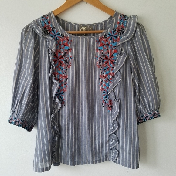 ANTHROPOLOGIE One September Embroidered Floral Ruffle Striped Blouse Size M - Picture 4 of 13